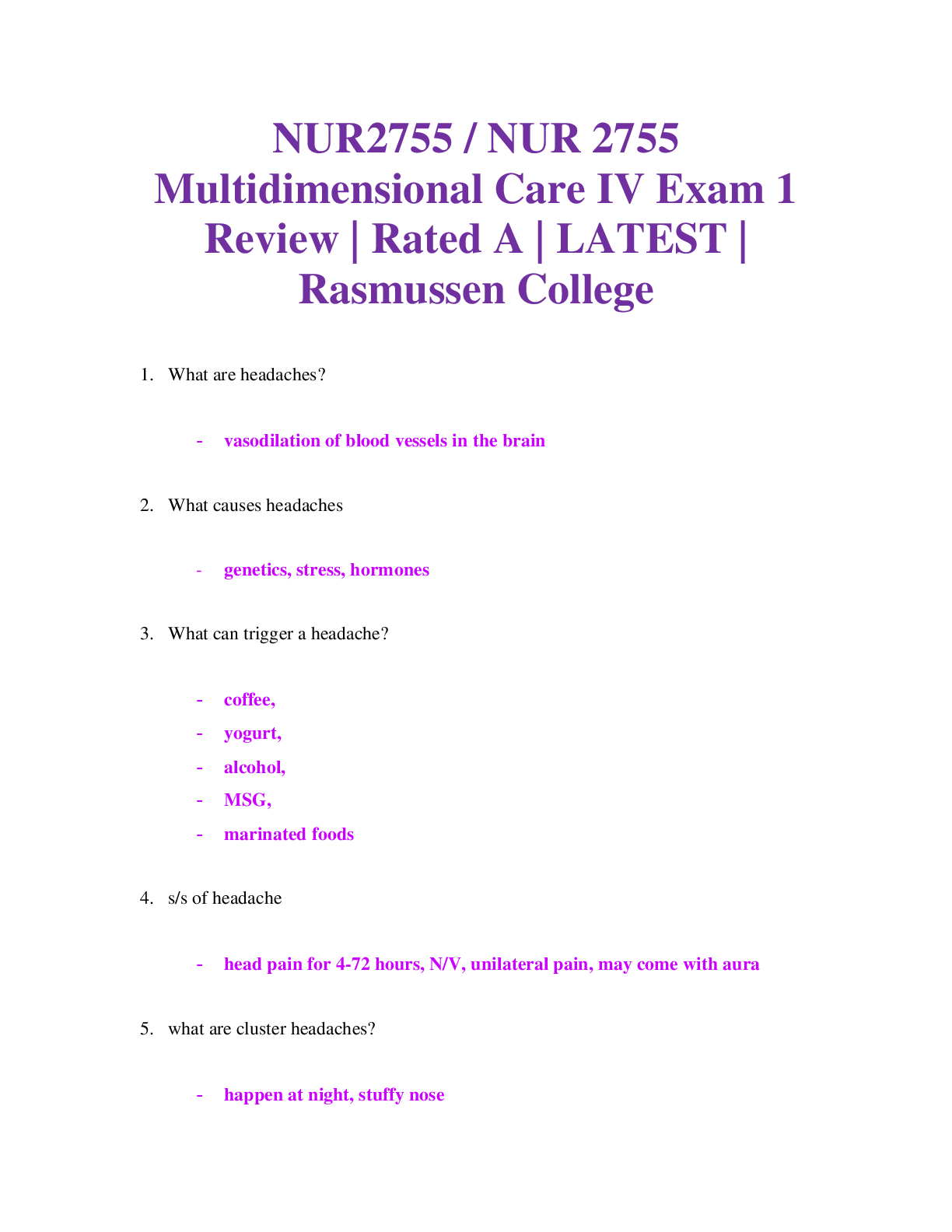 Preview of NUR2755 / NUR 2755 Multidimensional Care IV Exam 1 Review | Rated A | LATEST 2021/ 2022 |